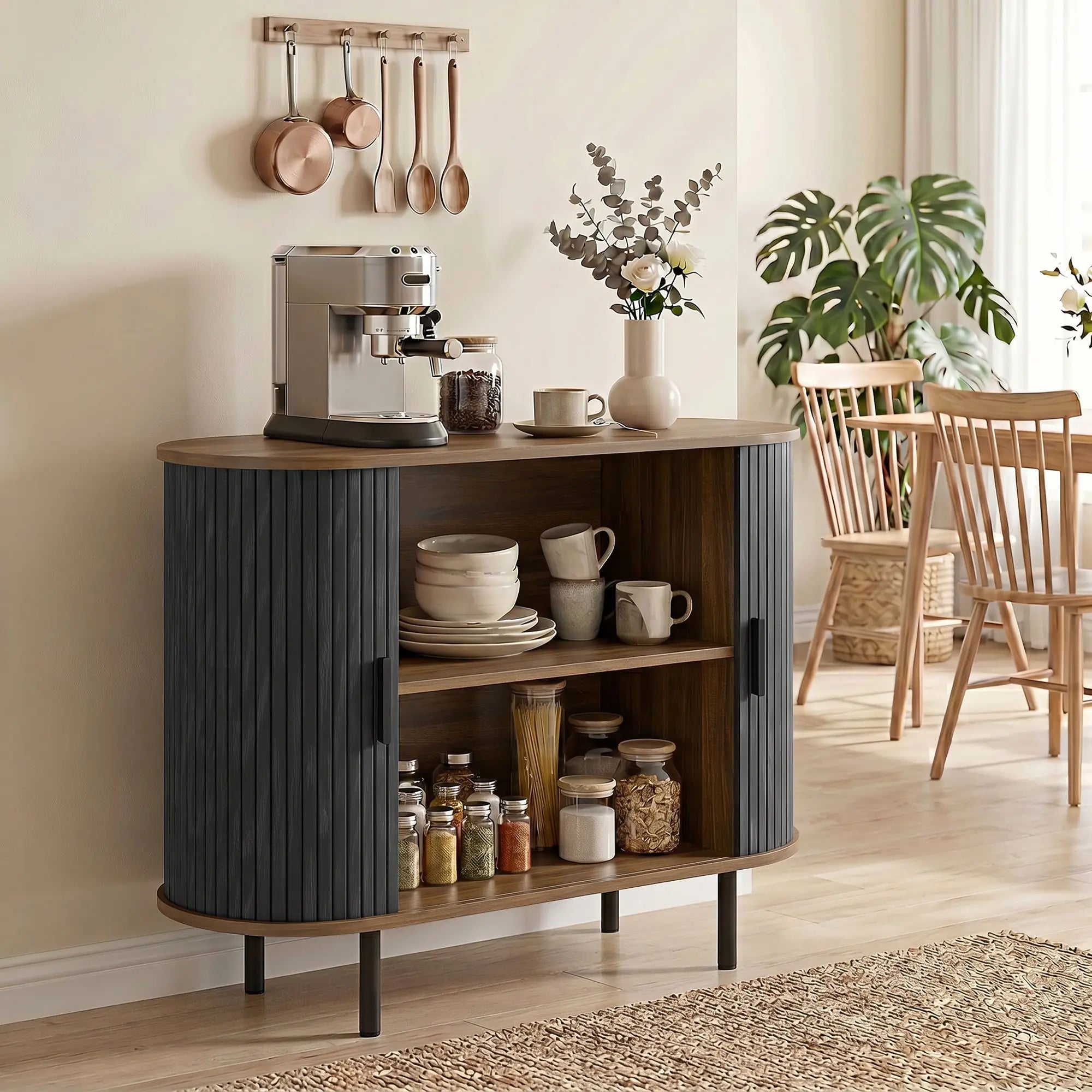 Wood Grain Sideboard With Curved Tambour Doors, Brown Storage Cabinets at Gallery Canada