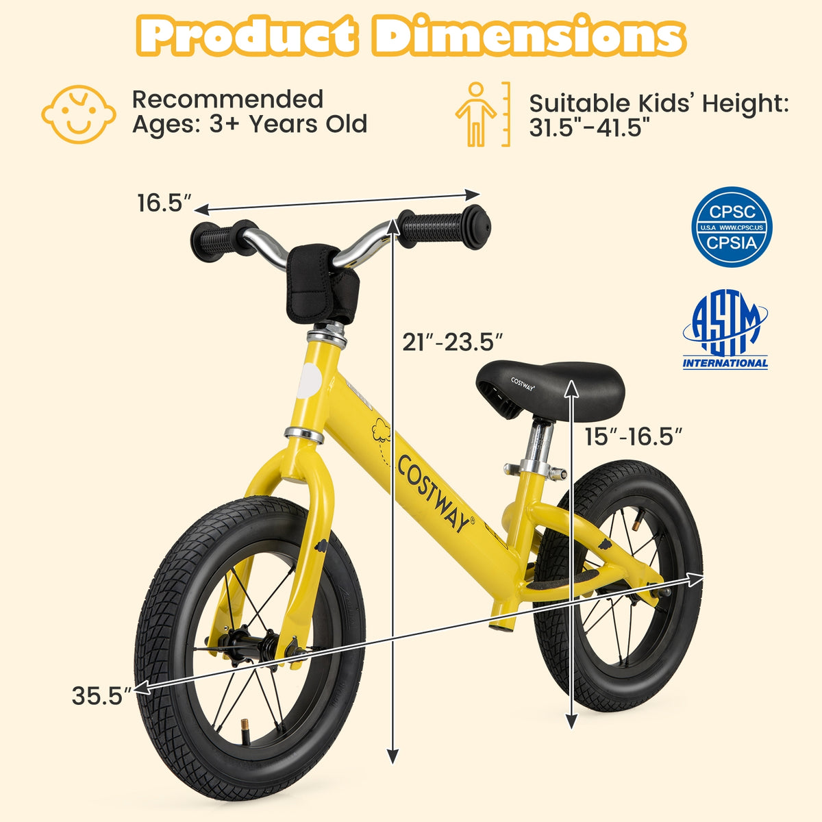 12 Inch Toddler Balance Bike, Height Adjustable, Yellow Kids Bike at Gallery Canada
