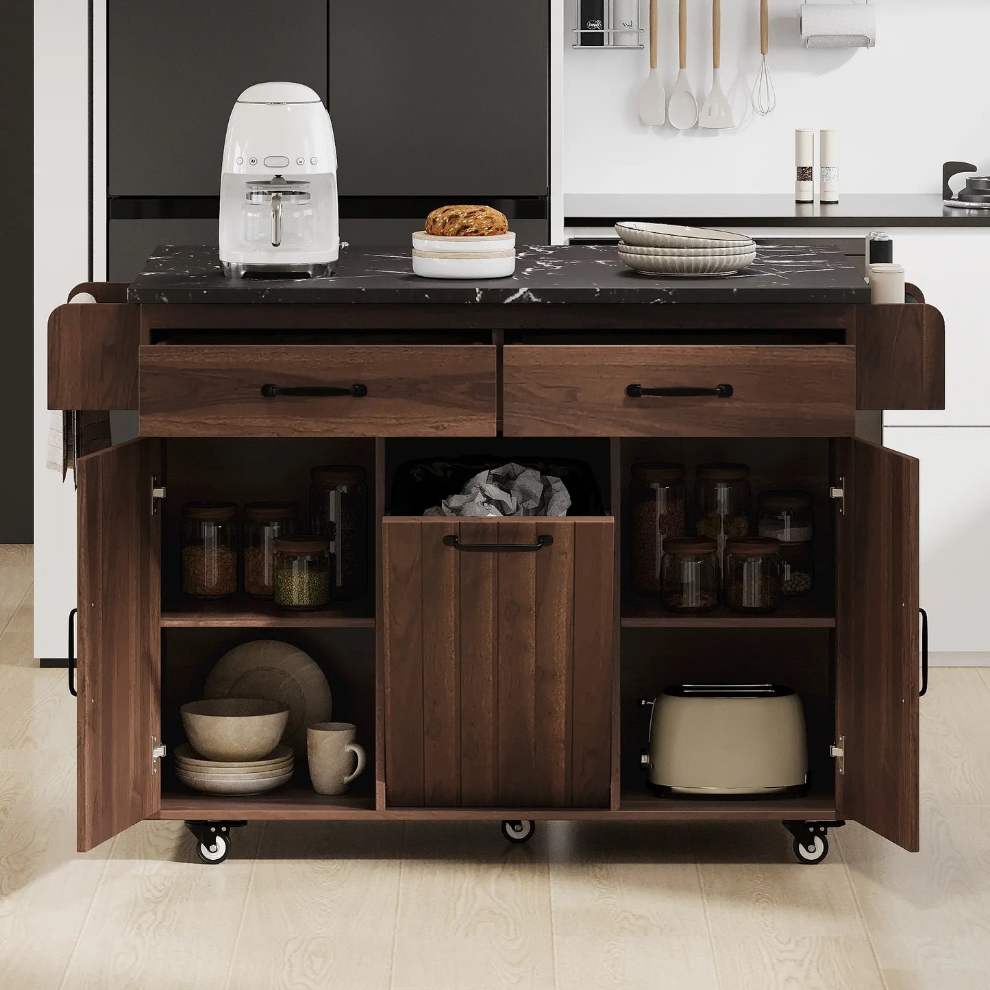 Adjustable Shelf Island, Trash Cabinet, Spice Rack, 51" L x 20" W x 35" H, Walnut Brown Kitchen Islands & Kitchen Carts at Gallery Canada