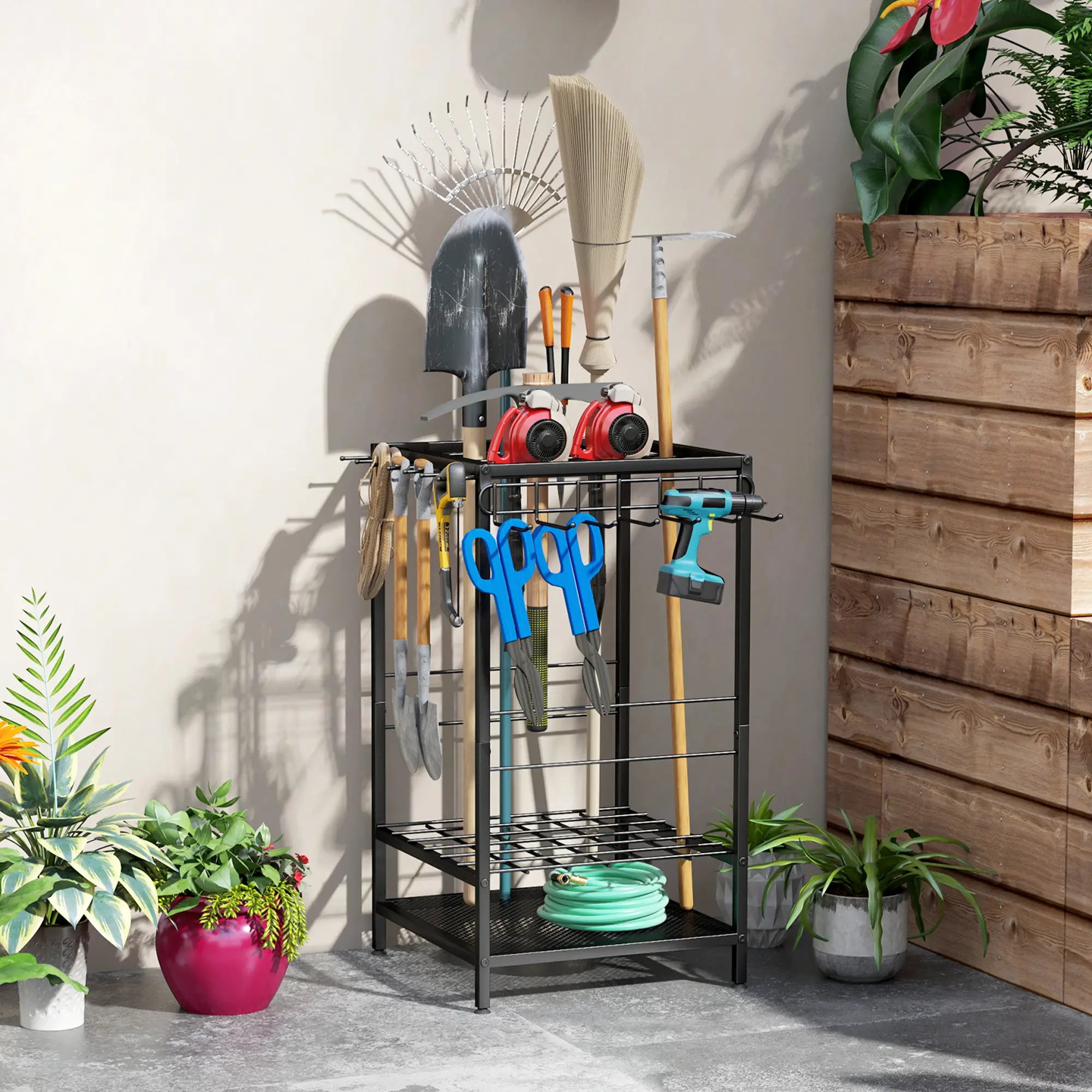 3-Tier Yard Tool Rack, Garden Organizer with 14 Hooks, Black Garden Accessories at Gallery Canada