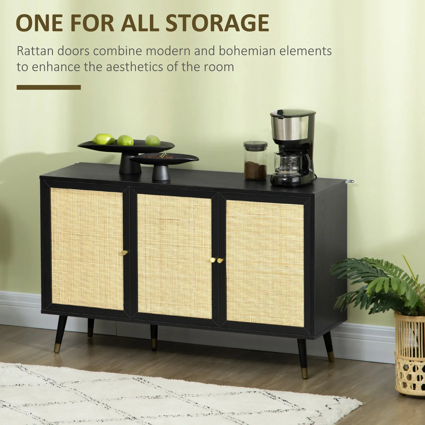 Kitchen Sideboard Cabinet, Boho Storage With Shelves, Wood Legs, Rattan Doors, Black Bar Cabinets at Gallery Canada