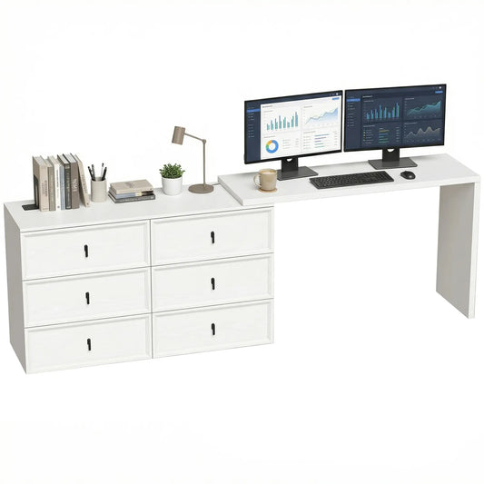 L Shaped Computer Desk, 6 Drawers, White Wood Grain, White Computer Desks White Wood Grain at Gallery Canada