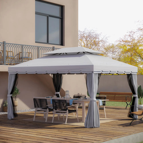 13' x 10' Outdoor Gazebo, 2-Tier Polyester Roof, Vented Mesh Sidewall, Aluminum Frame, Grey