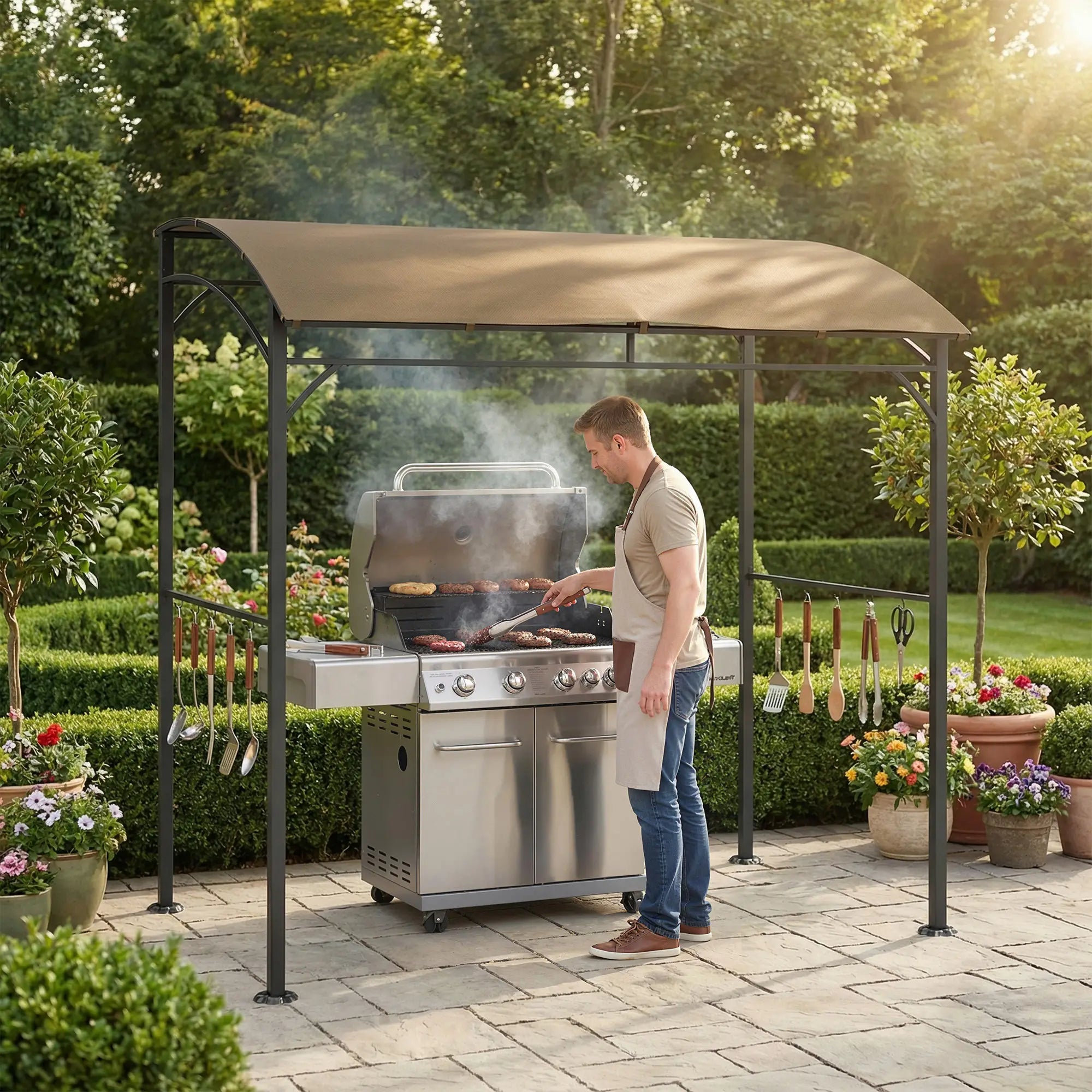 7' x 5' Garden Grill Canopy, Steel Frame with Hooks, Dark Coffee BBQ Grill Gazebos at Gallery Canada