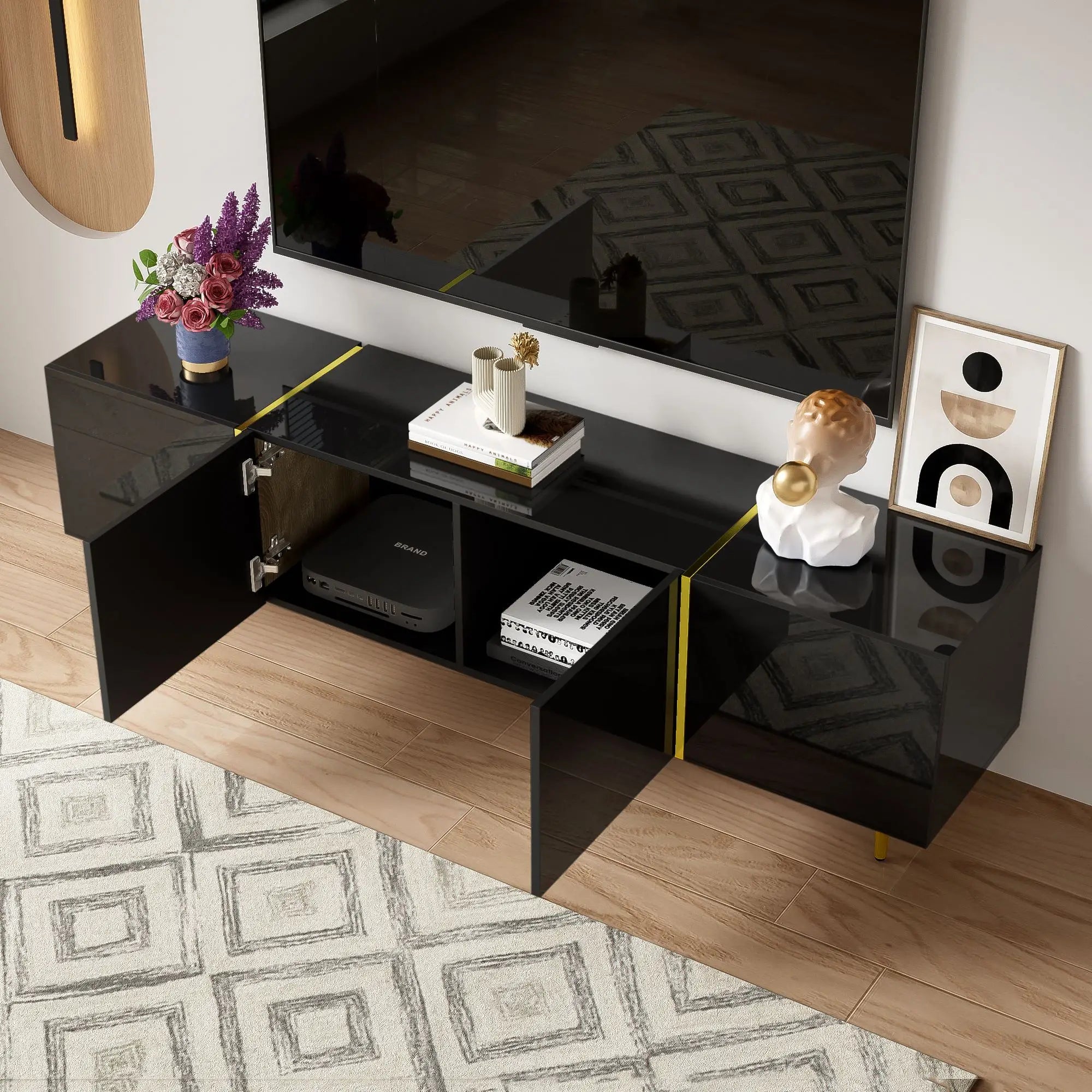 Modern TV Stand, 4 Doors, Soft-Close Hinges, 67