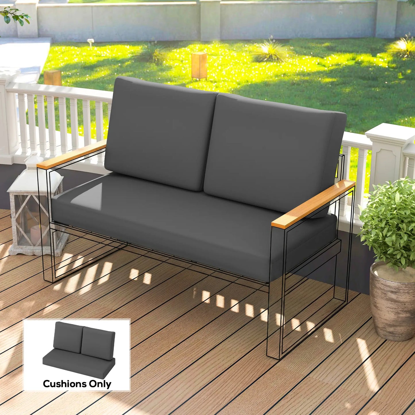 2 Seater 5" Thick Outdoor Seat Cushions, 7" Backrest, Dark Grey Patio Chair Cushions at Gallery Canada