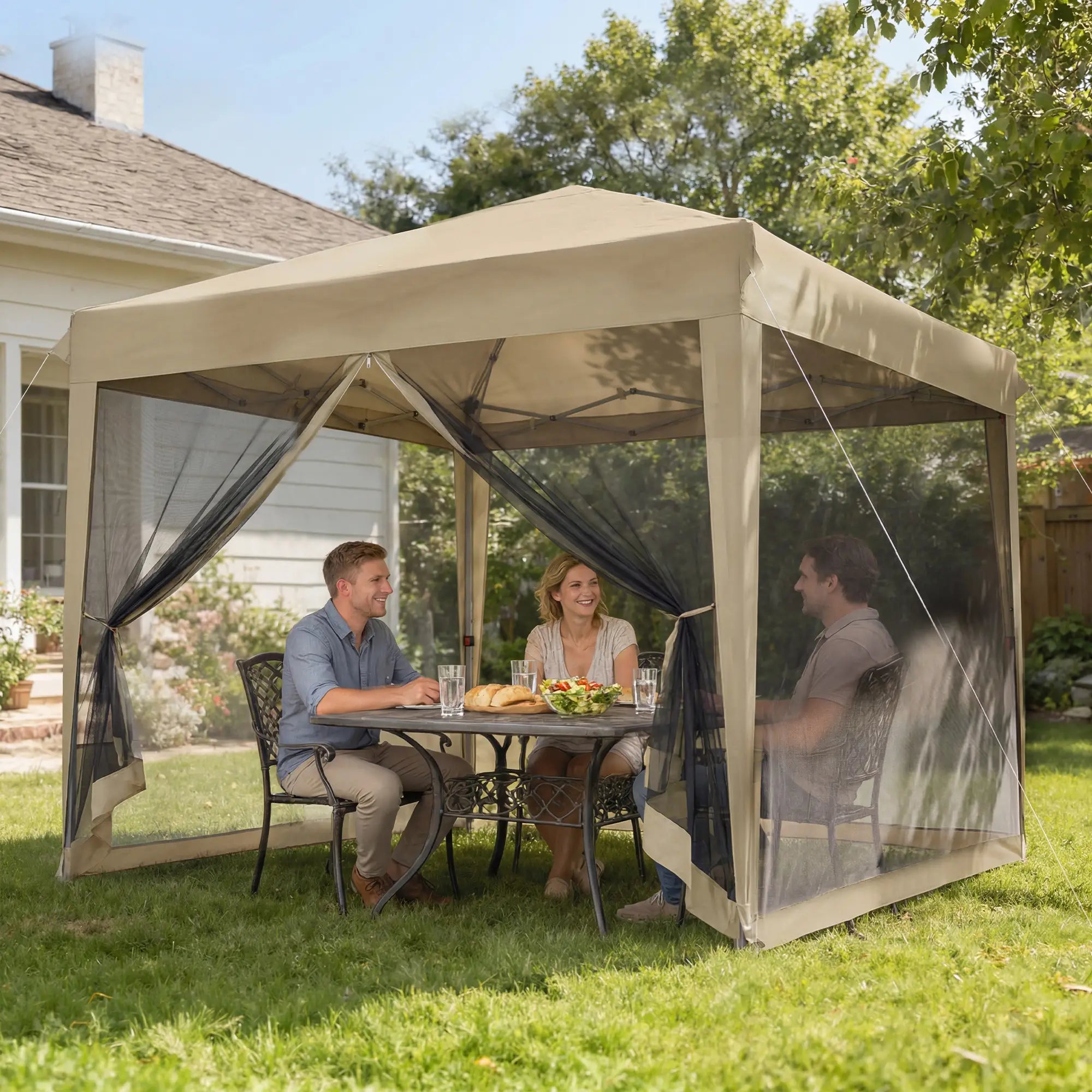 10' x 10' Pop-Up Party Tent, UPF50+ Outdoor Canopy, Mesh Sidewalls, Khaki Pop Up Canopies at Gallery Canada