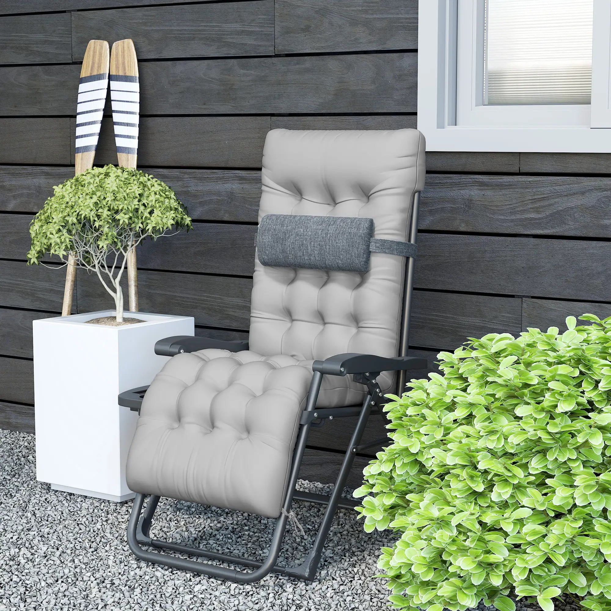 Padded Folding Recliner Chair, Adjustable Backrest, Grey Lounger Chairs at Gallery Canada
