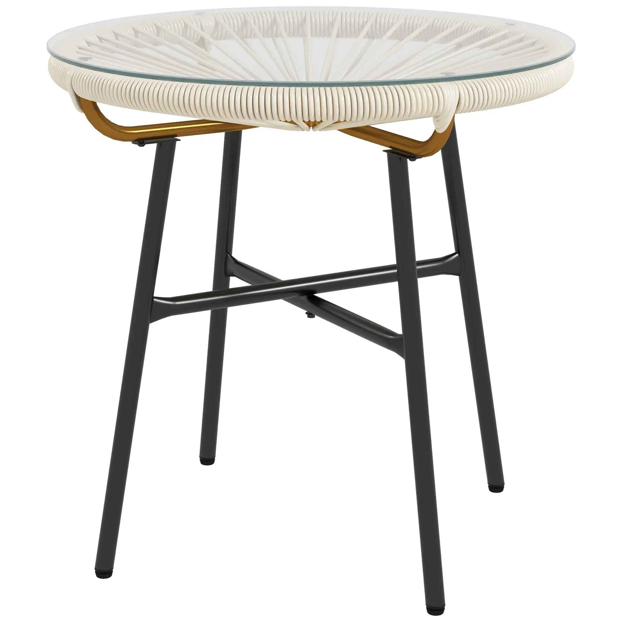 Round Rattan Side Table, With Tempered Glass Top, Cream White Patio Side Tables Black Frame, Cream PE Rattan at Gallery Canada
