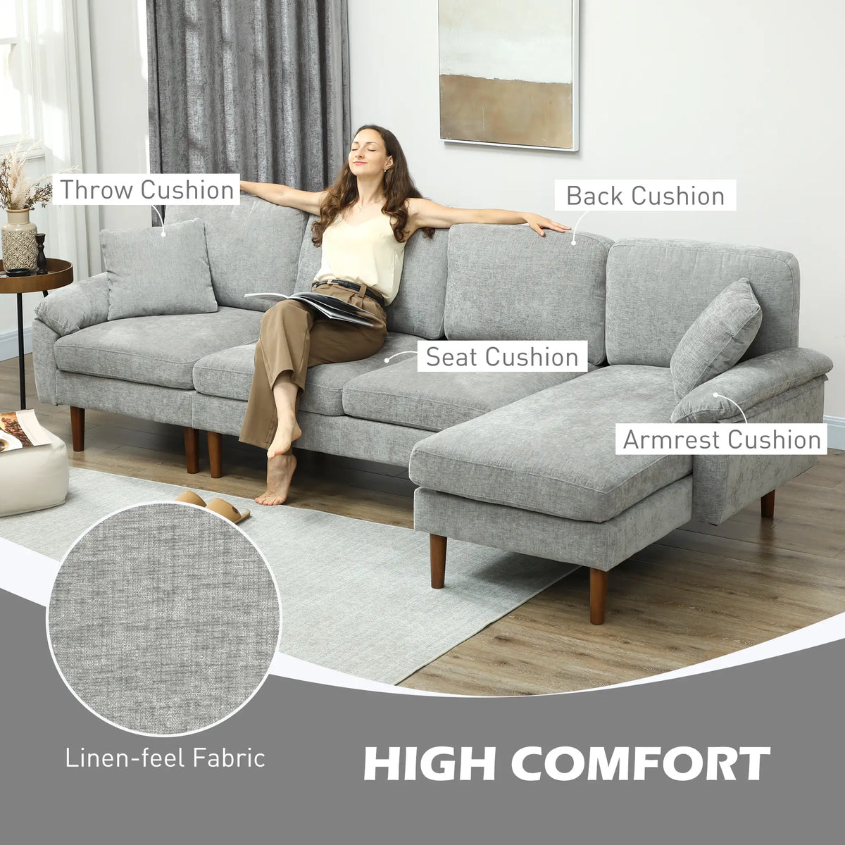 L-Shape Sofa, Modern Sectional Couch with Chaise Lounge, Grey 3-Seater Sofas at Gallery Canada
