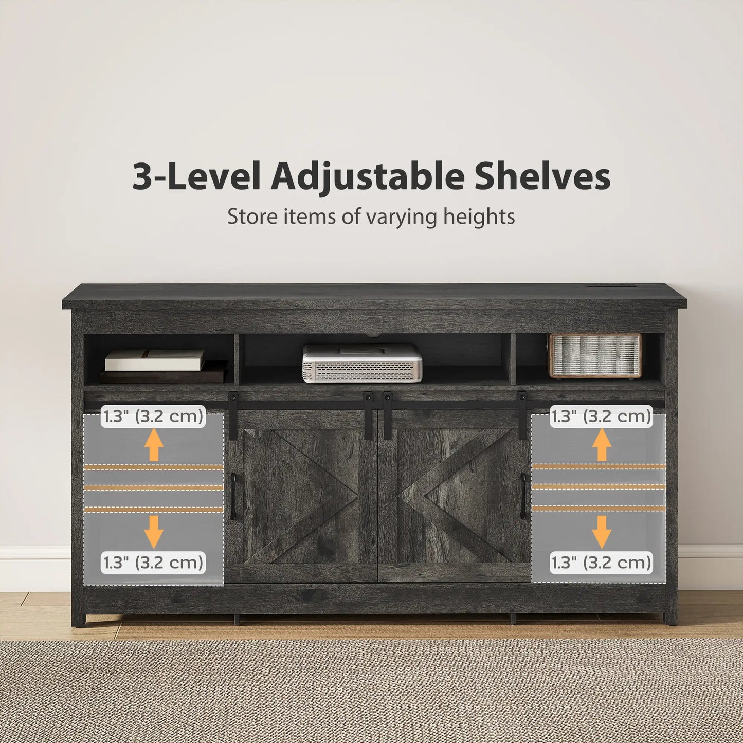 TV Stand For 72 Inch TVs, Power Outlets, Sliding Barn Doors, Dark Grey TV Stands at Gallery Canada