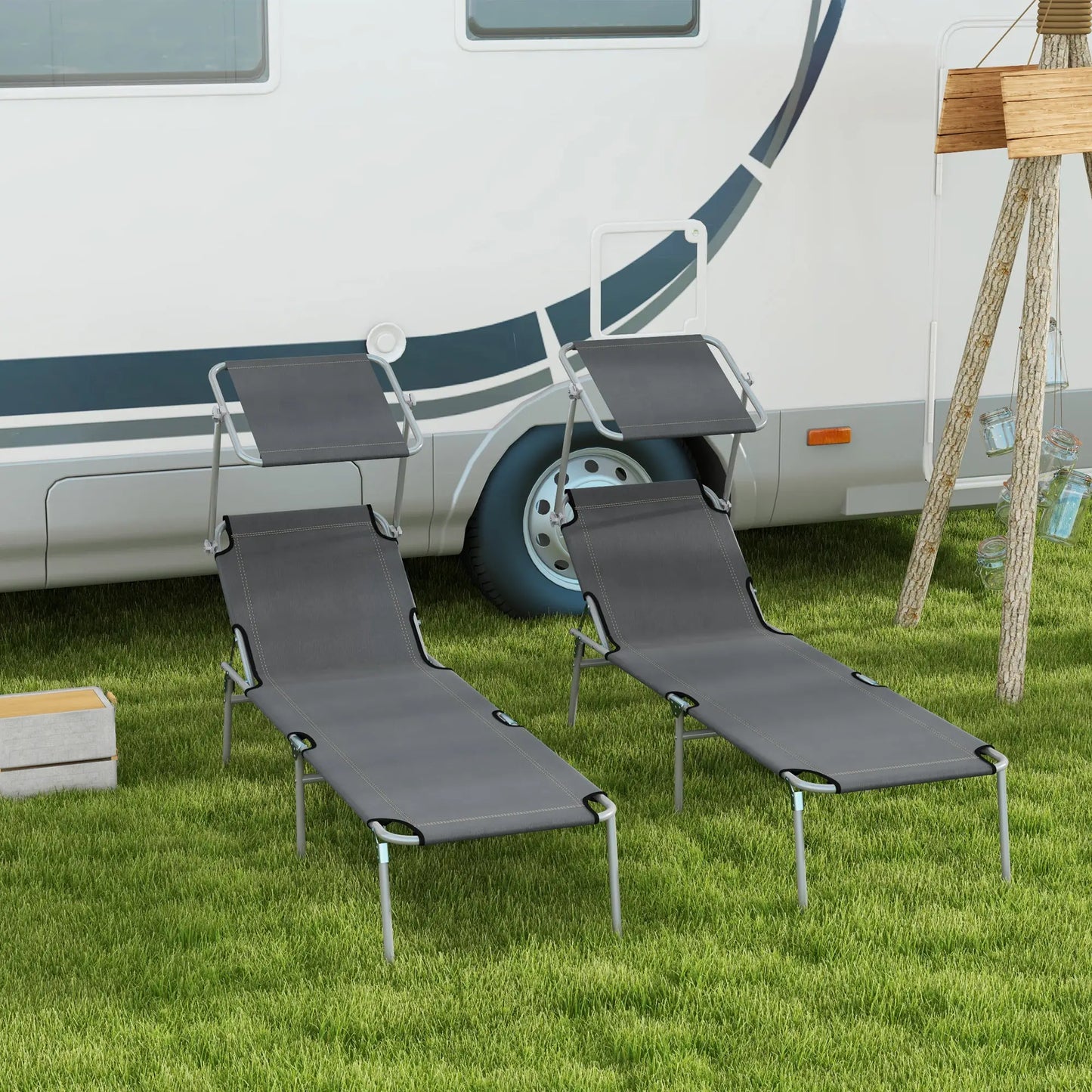 Outdoor Lounge Chair, Adjustable Folding Chaise With Sun Shade, Grey Lounger Chairs at Gallery Canada
