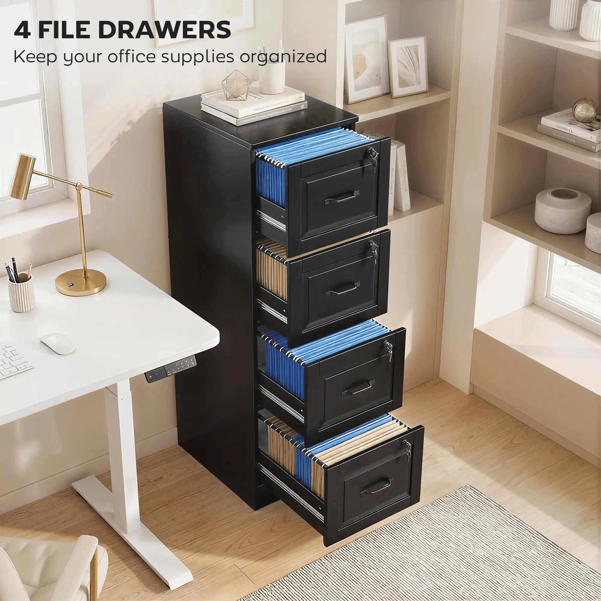 4 Drawer File Cabinet With Lock, Adjustable Hanging Bars, Black Office Cabinets & Cupboards at Gallery Canada