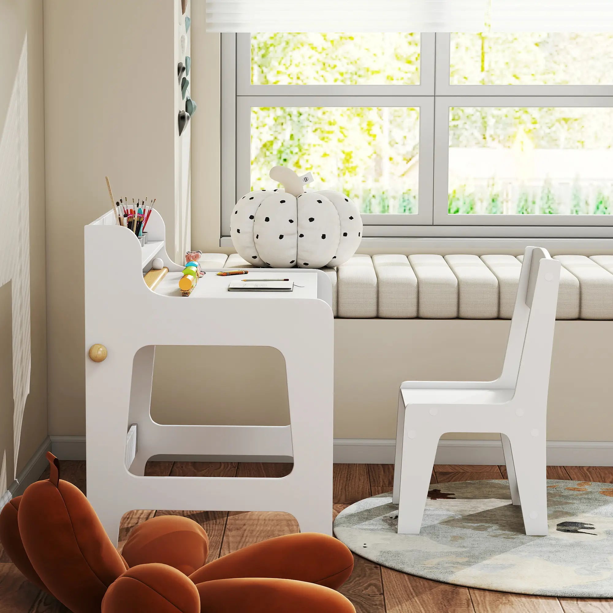Kids Study Table and Chair Set, Art Desk with Storage Shelf, 3-8 Year Old Kids Desk Sets at Gallery Canada