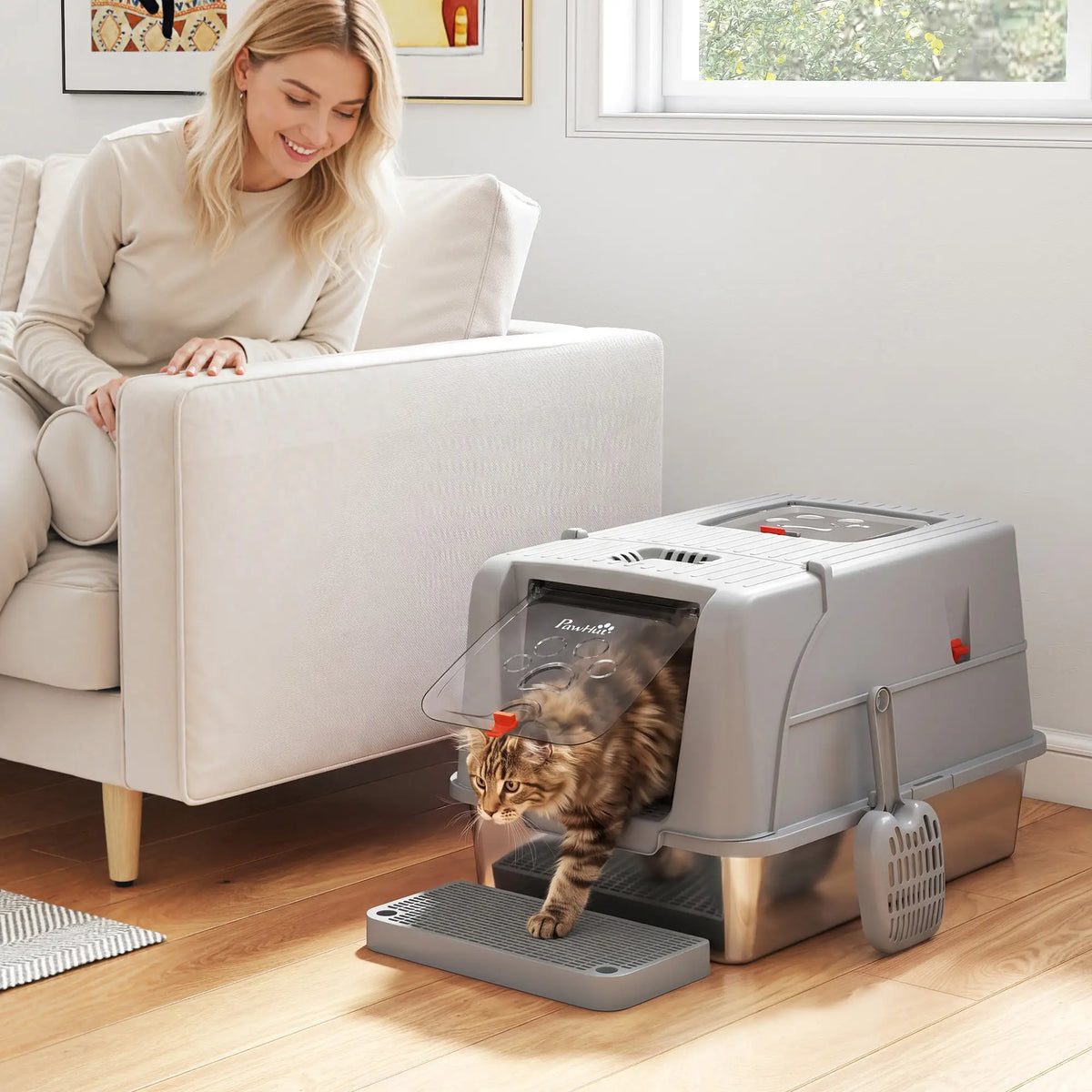 XL Stainless Steel Enclosed Cat Litter Box, Lid, Scoop, Step, Grey Cat Litter Box Enclosures at Gallery Canada