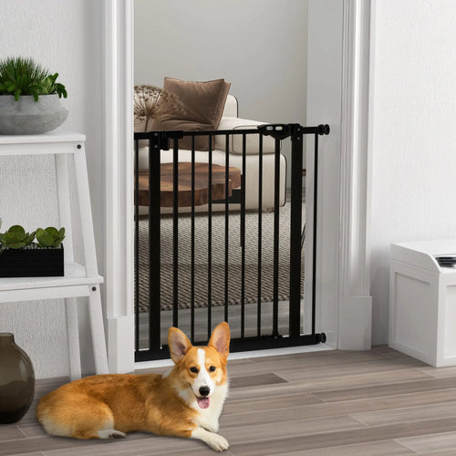 30 Inch Tall Pet Gate With Door, Pressure-Mounted, Black