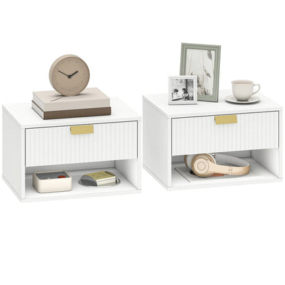 Set of 2 Floating Nightstands, Wall Mounted with Fluted Drawer and Shelf, White Bedside Tables at Gallery Canada
