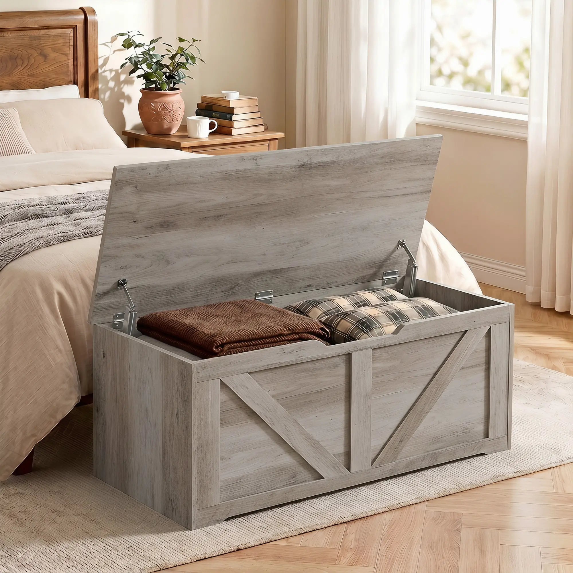 Storage Chest with Safety Hinges, Grey Wood Grain, 39.4 Inches, Grey Storage Cabinets at Gallery Canada