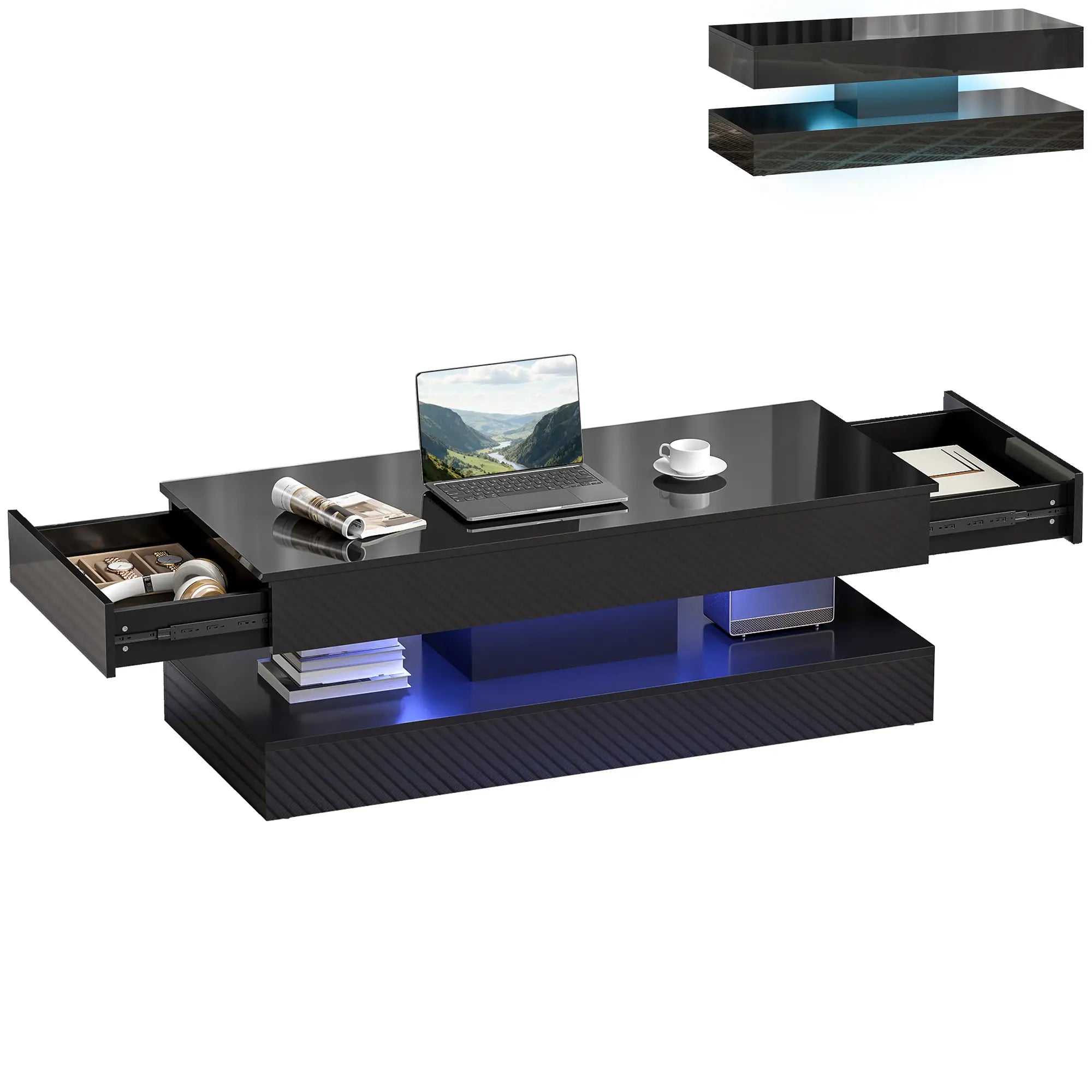 Adjustable LED Coffee Table, Modern Living Room Table, 2 Drawers, Open Shelf, Remote, High Gloss Black Coffee Tables at Gallery Canada