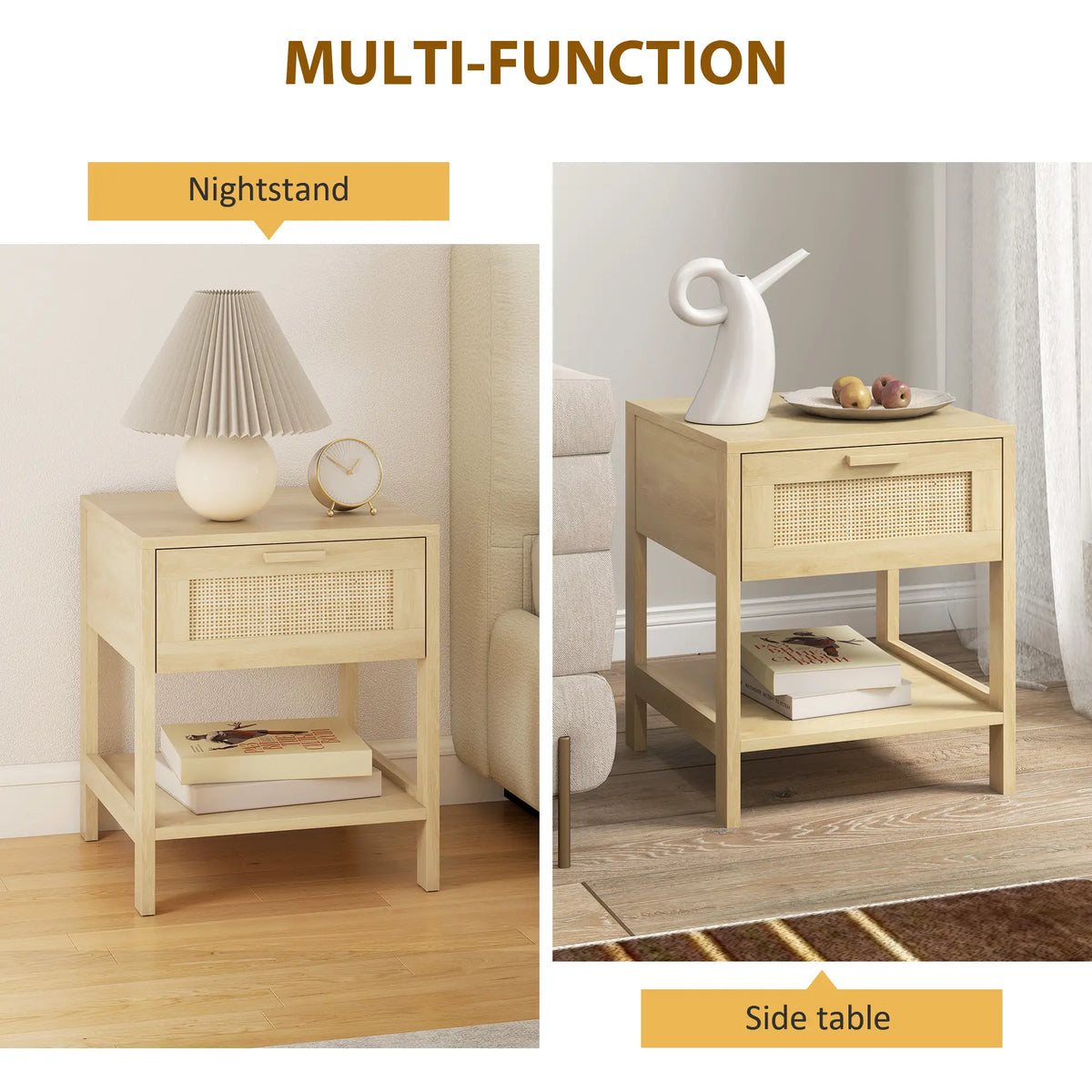 Narrow Nightstand With Rattan, Drawer And Shelf, Set Of 2, Natural Wood Bedside Tables at Gallery Canada