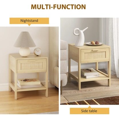 Narrow Nightstand With Rattan, Drawer And Shelf, Set Of 2, Natural Wood Bedside Tables at Gallery Canada