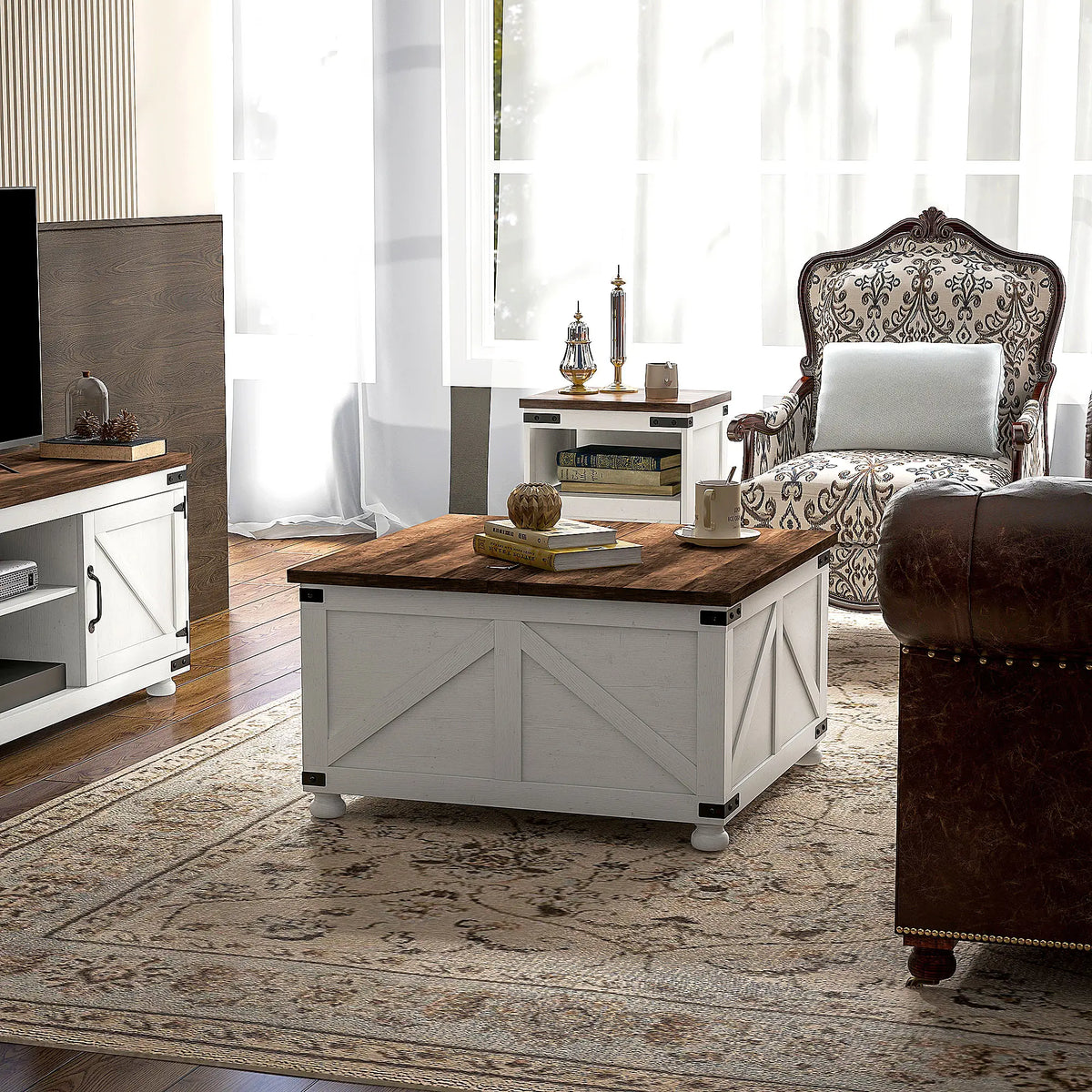 Lift Top Coffee Table, 32" Farmhouse with Hidden Compartment, Antique White, White Coffee Tables at Gallery Canada