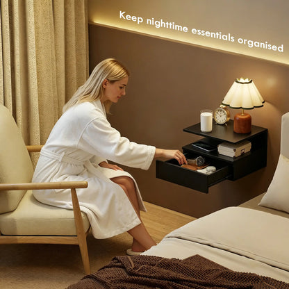 Floating Nightstand Set of 2, Wall Mounted Bedside Table with with Power Outlets, Drawer and Shelf, Black Bedside Tables at Gallery Canada