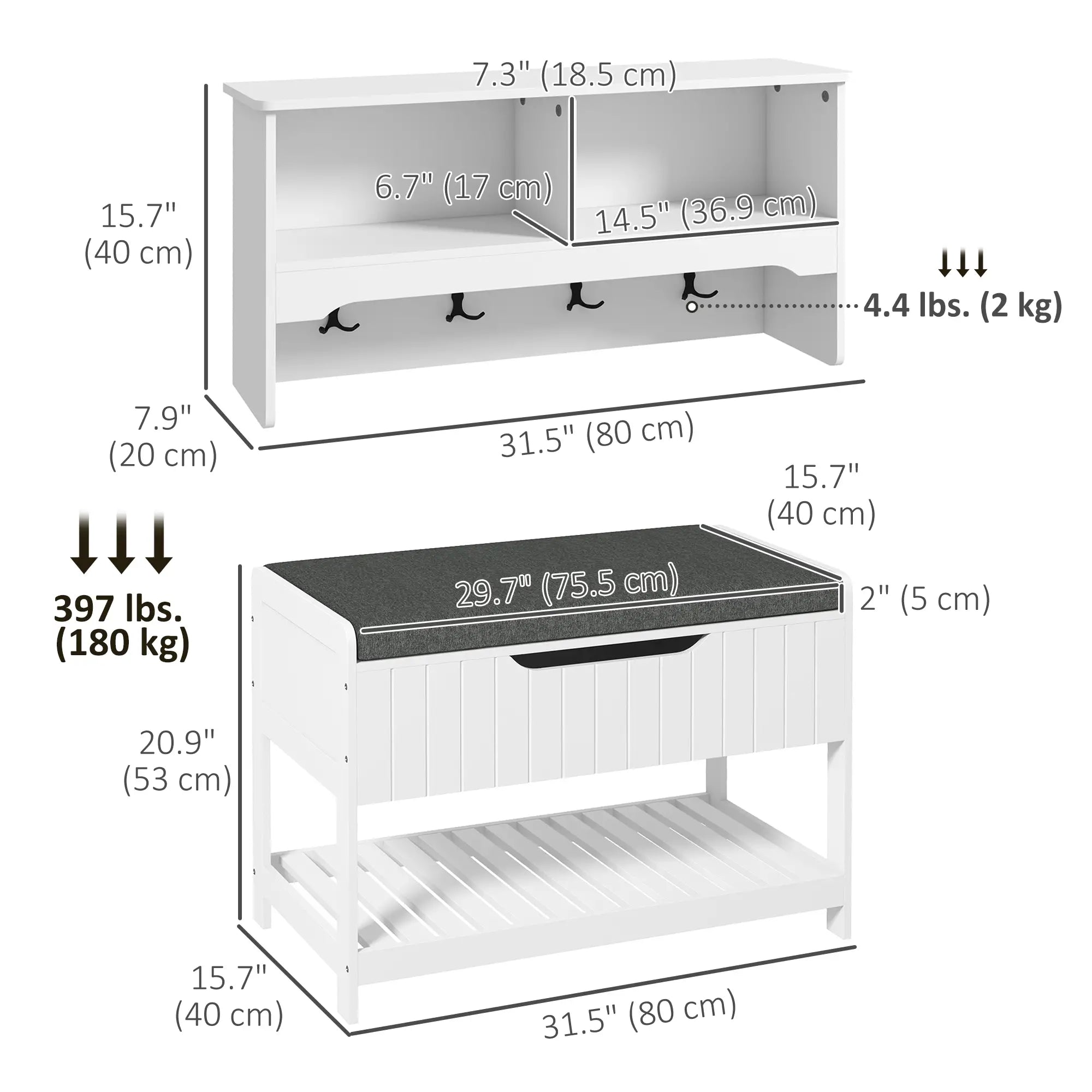Wall Mounted Coat Rack, Shoe Storage Bench, Hall Tree, White Clothing Storage at Gallery Canada