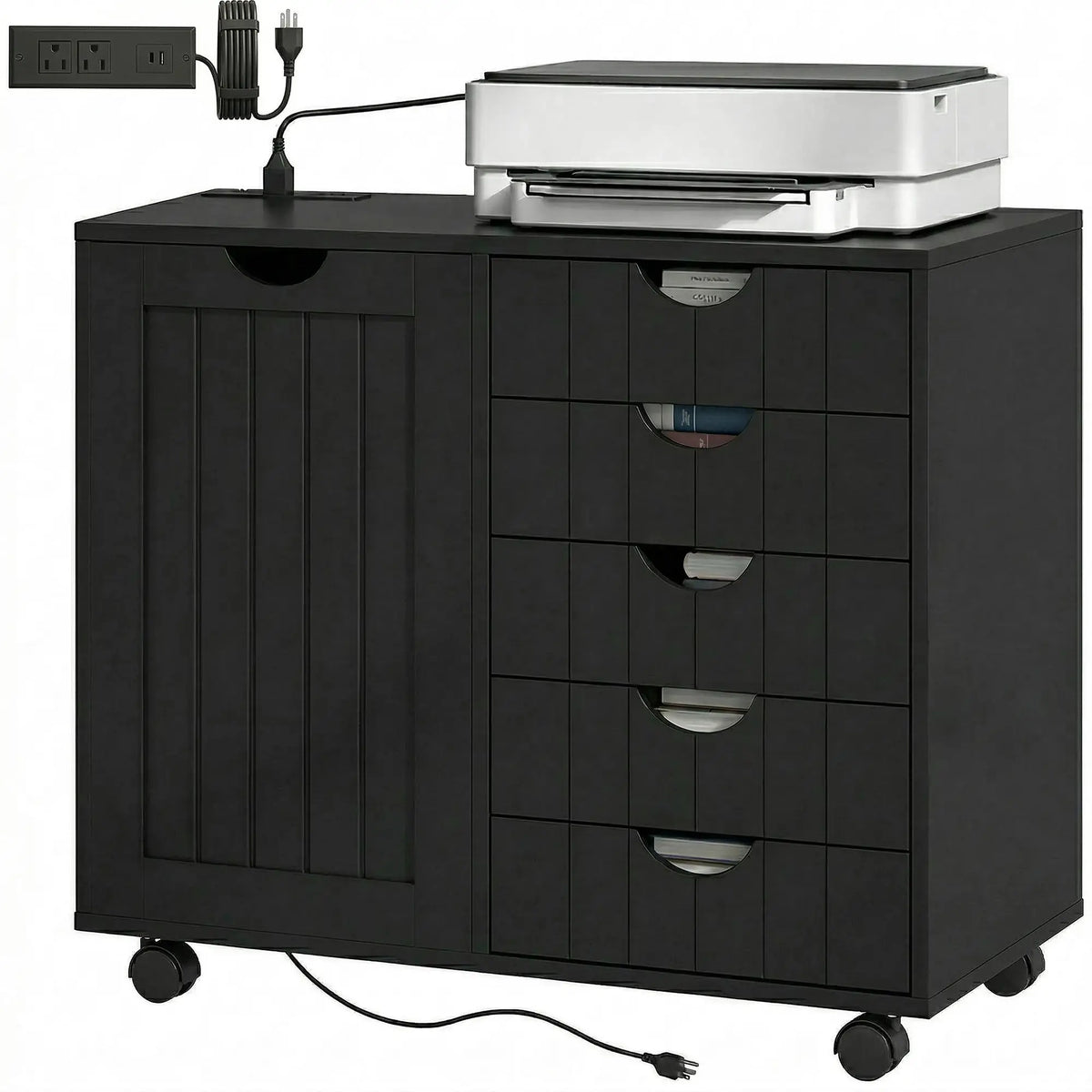 Mobile Lateral Filing Cabinet with 5 Drawers, Printer Stand, Black Office Cabinets & Cupboards Black at Gallery Canada