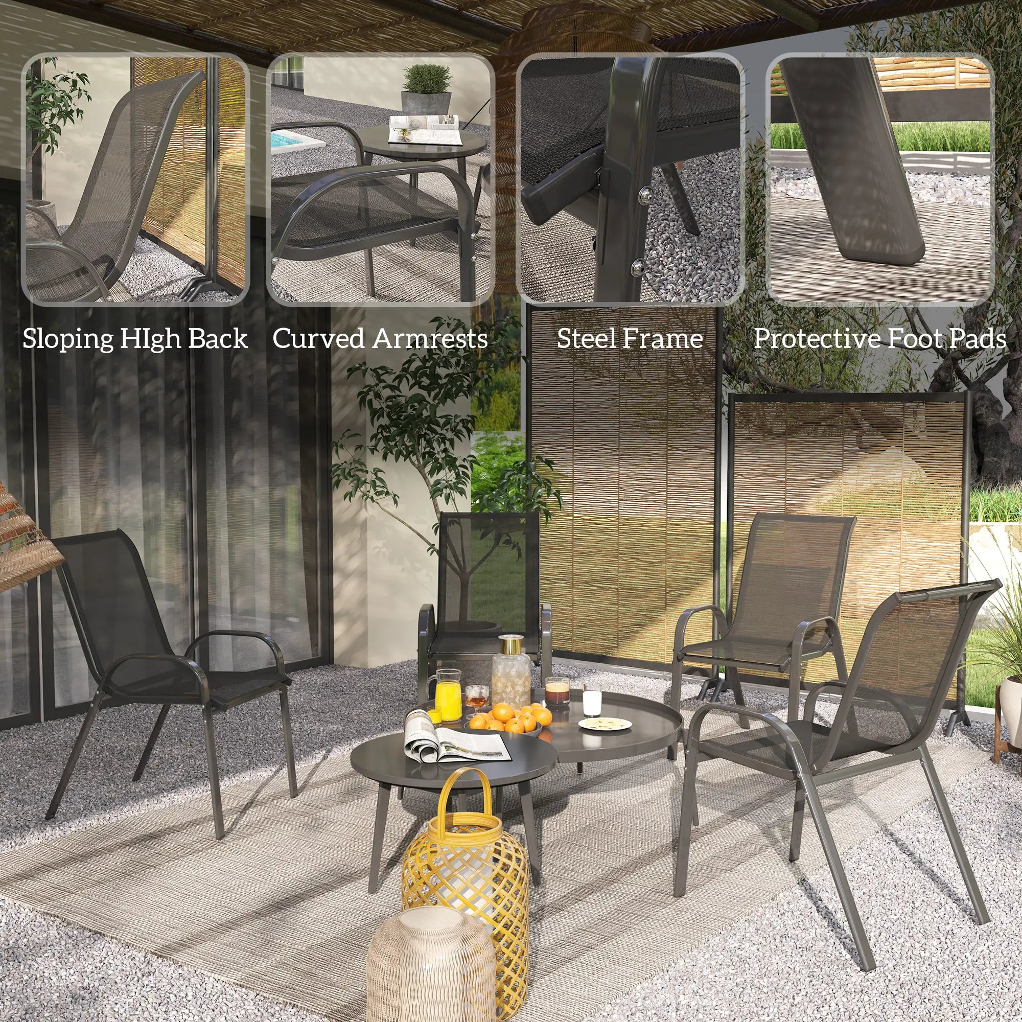 Set of 4 Stackable Outdoor Dining Chairs, High Back, Breathable Mesh Seat, Black Outdoor Dining Sets at Gallery Canada