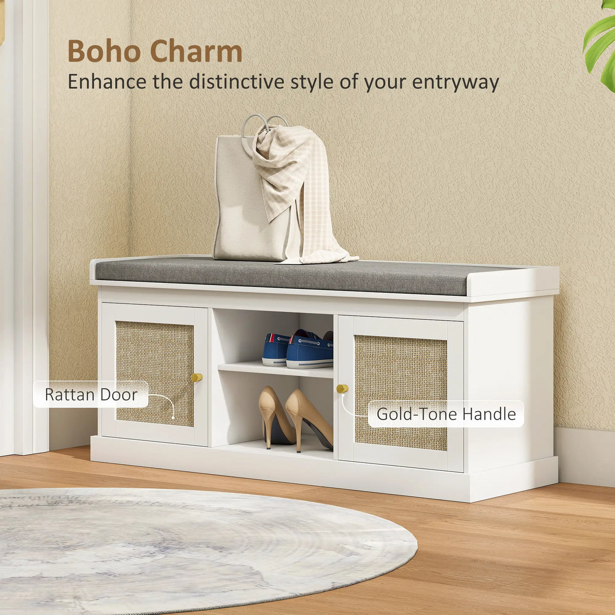 Shoe Bench with Padded Cushion, Boho Entryway, Rattan Doors, Adjustable Shelves, White Shoe Storage Cabinets & Racks at Gallery Canada