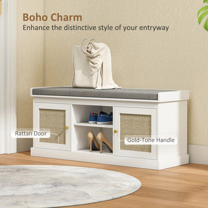 Shoe Bench with Padded Cushion, Boho Entryway, Rattan Doors, Adjustable Shelves, White Shoe Storage Cabinets & Racks at Gallery Canada