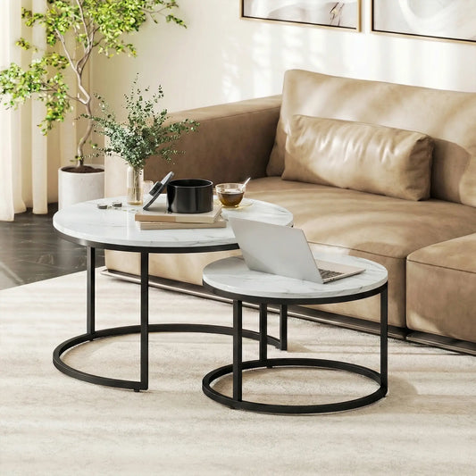 Modern Coffee Table Set, 2 Nesting Tables, Metal Base, Marble White, White Coffee Tables Marble White at Gallery Canada