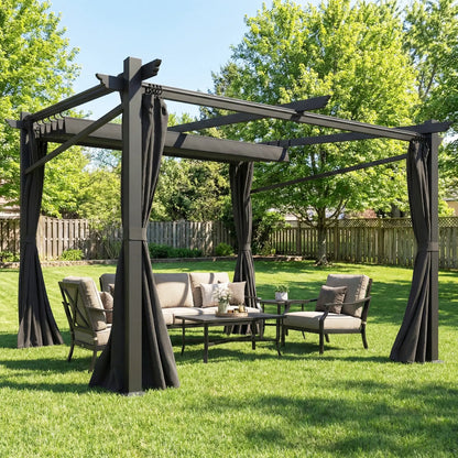 Metal Pergola With Sliding Roof Canopy, 10' x 10', Black Pergolas at Gallery Canada