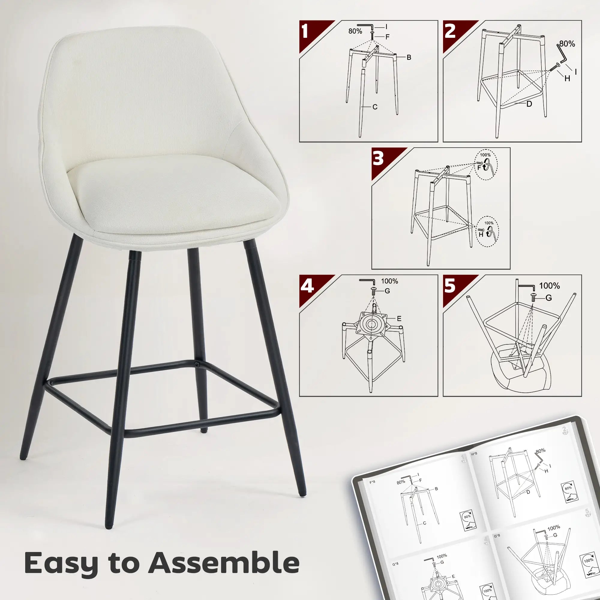 26 Inch Counter Height Barstools Set of 2, Upholstered Swivel, Cream White Bar Stools at Gallery Canada