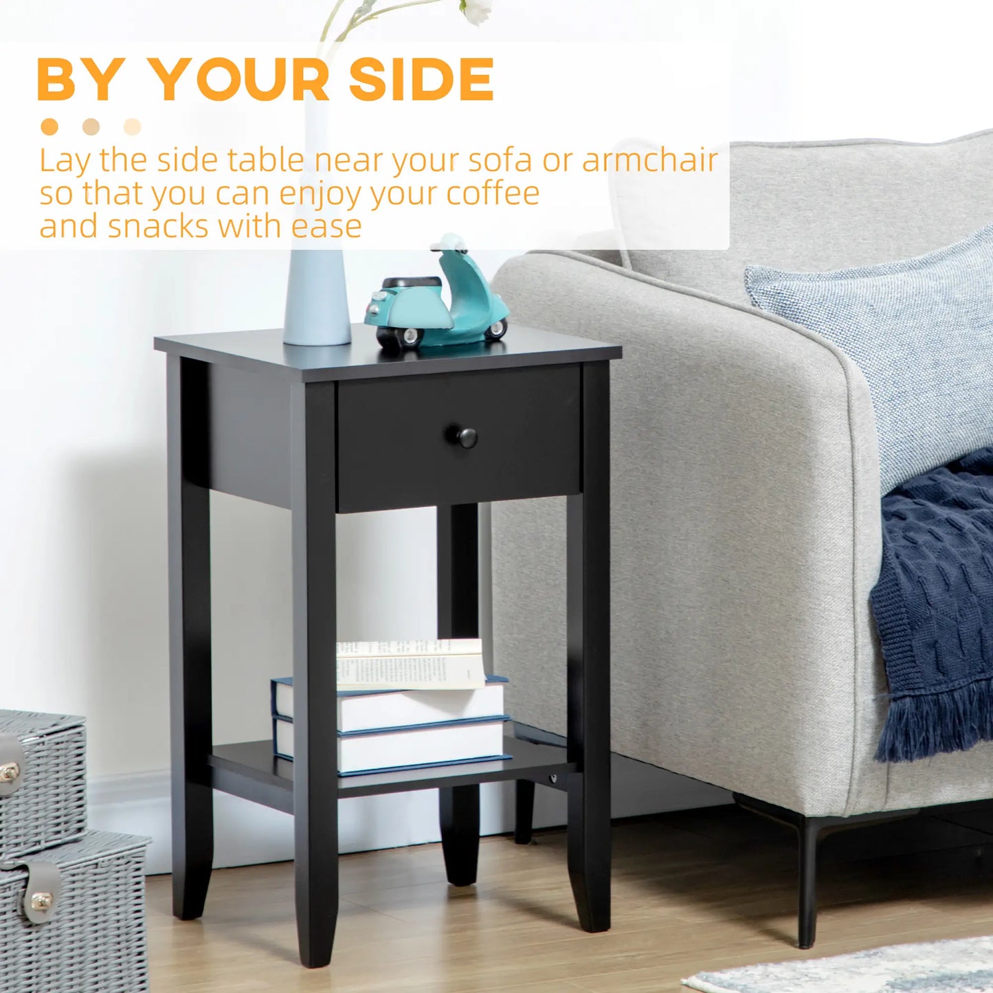 Side Table Set of 2, End Tables with Drawer, 2-Tier Nightstand, Black Side Tables at Gallery Canada