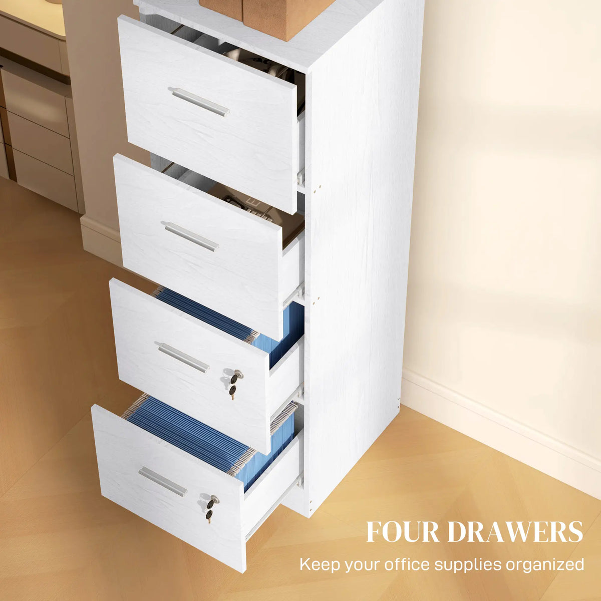 4 Drawer Vertical Filing Cabinet with Lock, Adjustable Hanging Bar, White Office Cabinets & Cupboards at Gallery Canada