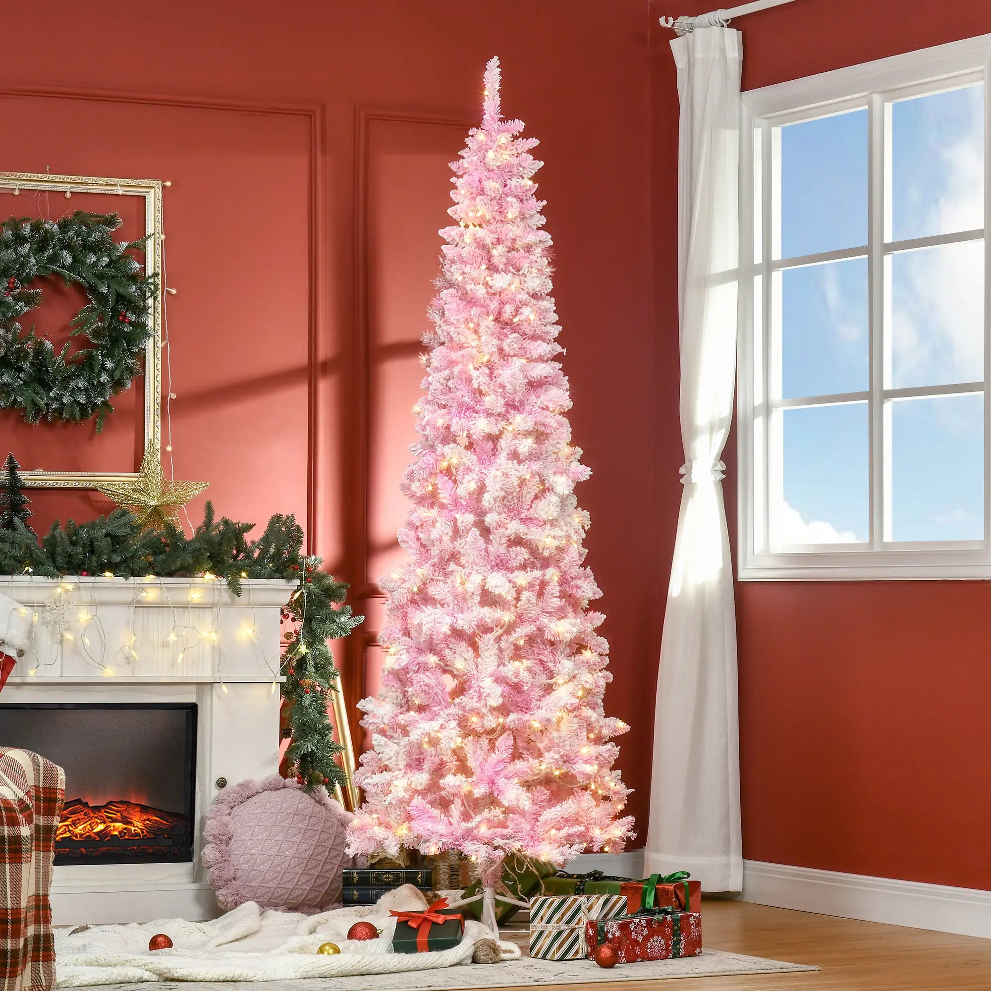 7.5 Foot Prelit Snow Flocked Christmas Tree, 700 Pine Branches, Warm White LED, White, Pink Pre Lit Christmas Trees at Gallery Canada
