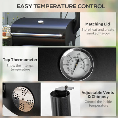 Charcoal BBQ Grill With Thermometer, Shelves, Wheels, Black