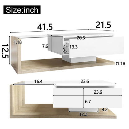 Modern Coffee Table, Glass LED Effect, Storage, 41.5" L x 21.5" W x 12.5" H, White+Wood, White, Wood Coffee Tables at Gallery Canada