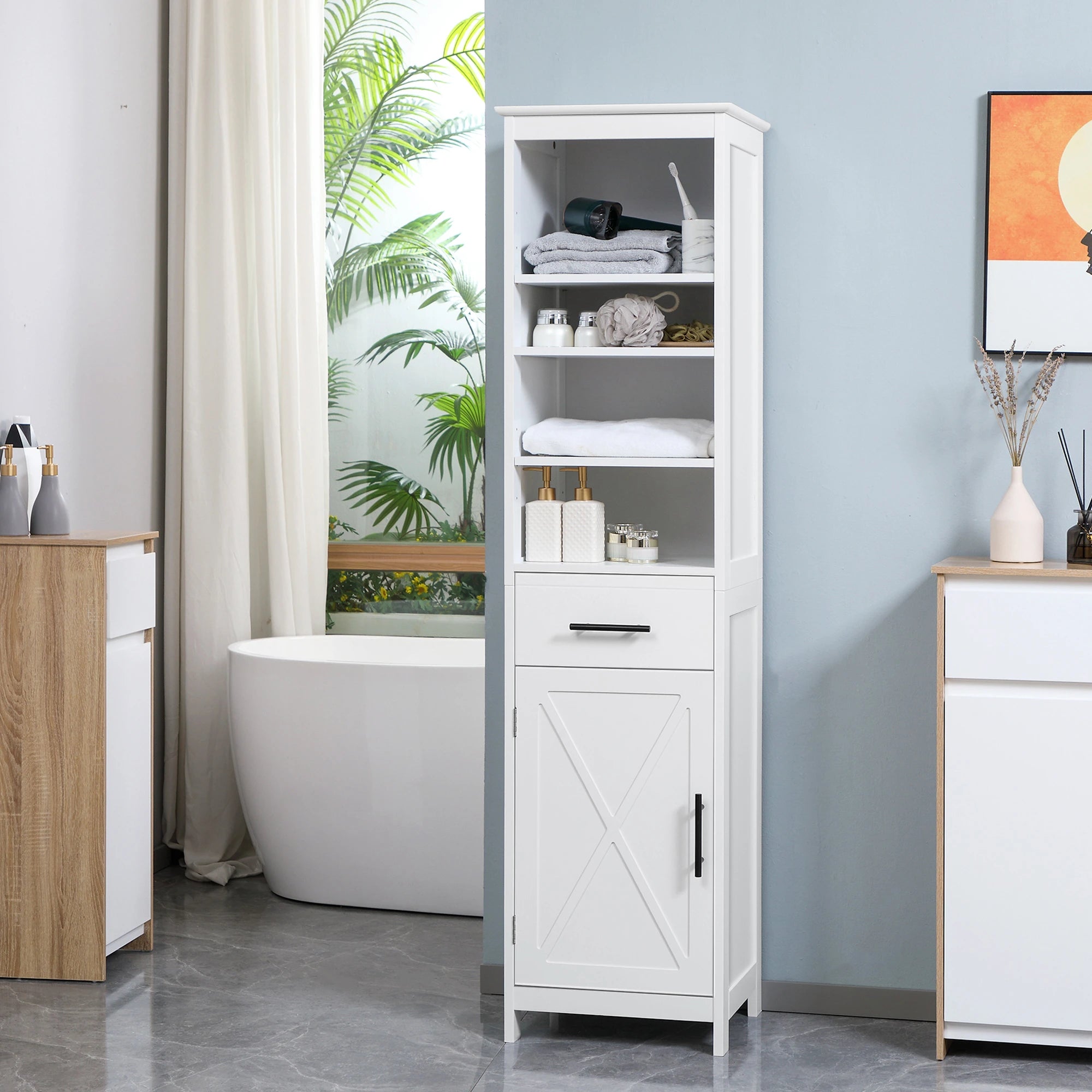Tall Bathroom Storage Cabinet, 3-Tier Shelf with Door and Drawer, White Bathroom Cabinets at Gallery Canada