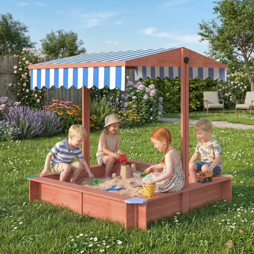 Wooden Sandbox with Cover, Adjustable Canopy, Seats, Dark Brown