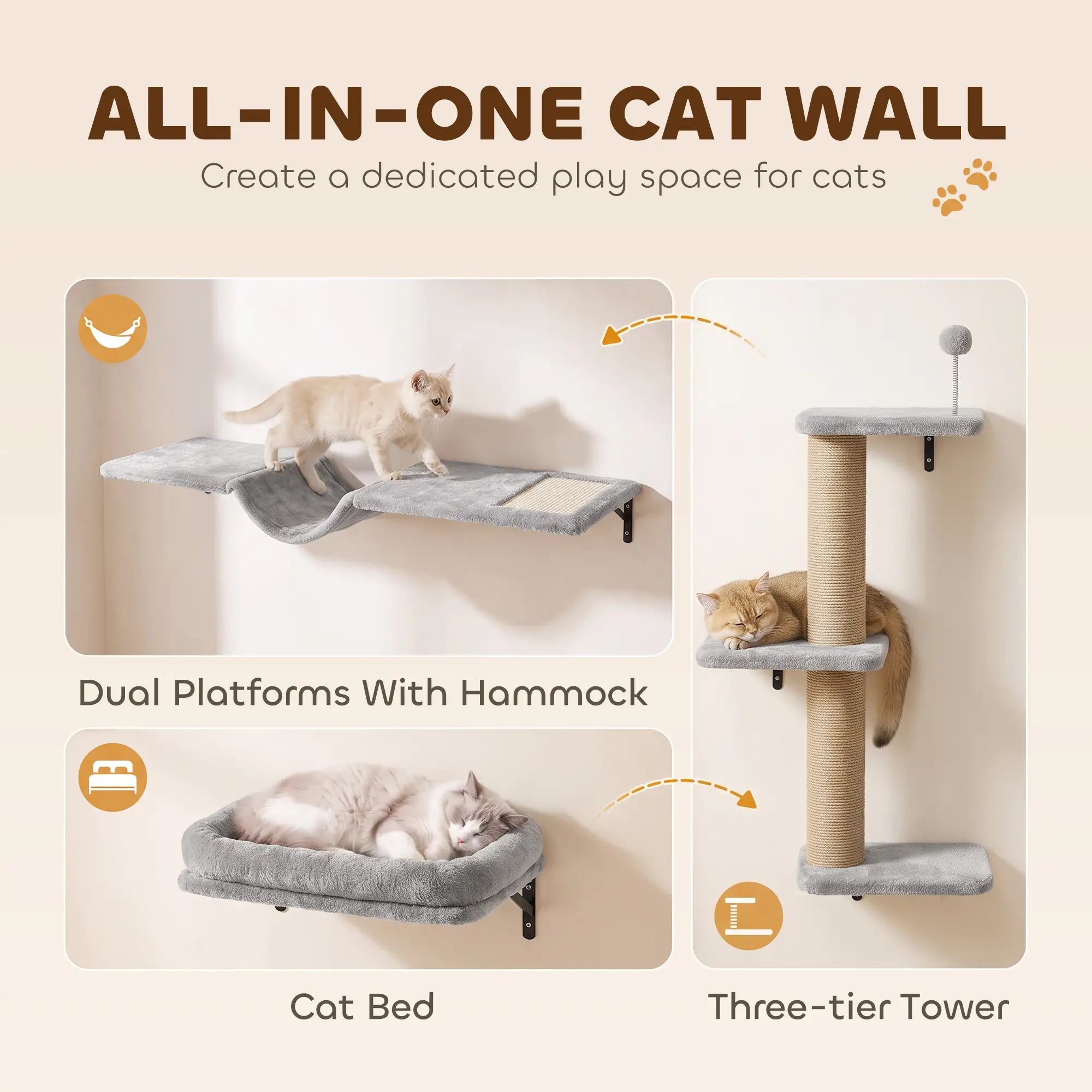 3-in-1 Cat Wall Shelves, Bed, Hammock, Posts, Spring Ball Cat Climbing Wall at Gallery Canada