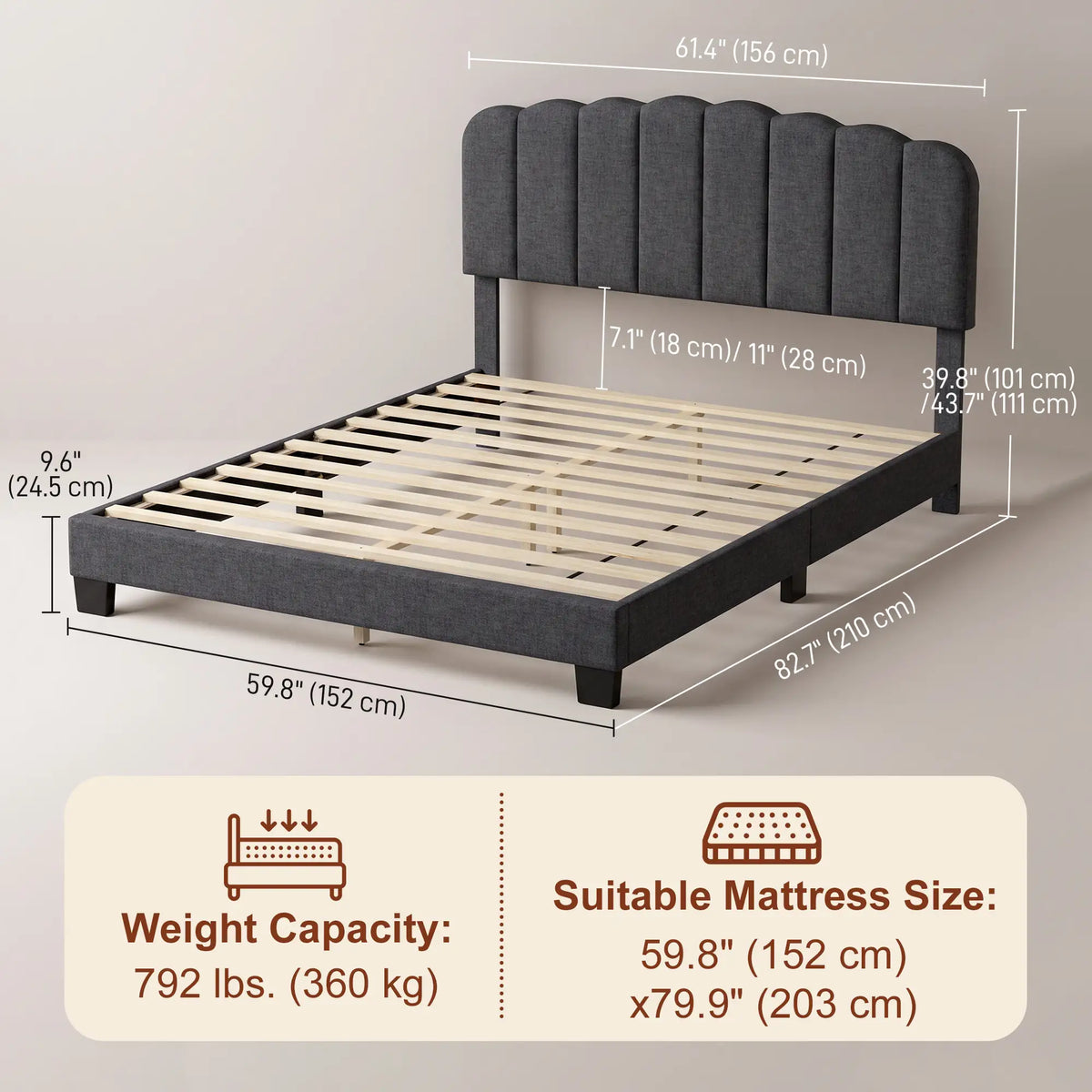 Queen Size Bed Frame, Upholstered Platform, Adjustable Headboard, Dark Grey, Dark Grey Bed Frames at Gallery Canada