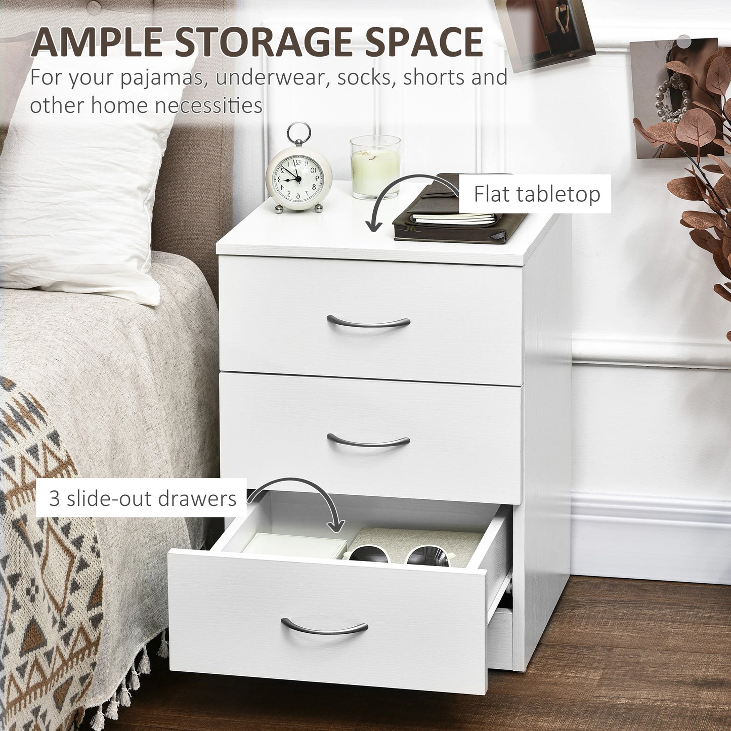 Modern Wood Nightstand, 3 Drawers, Anti-Tipping, White Bedside Tables at Gallery Canada