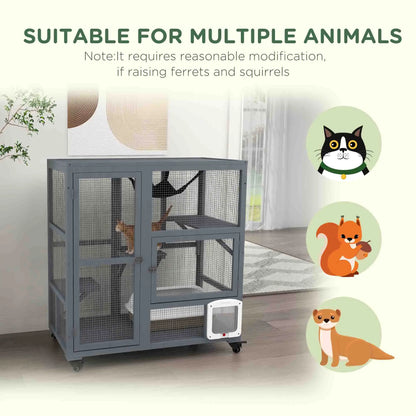 Wooden Cat Condo on Wheels, Cat Flap Door, Hammock, Light Grey Outdoor Cat Enclosures at Gallery Canada