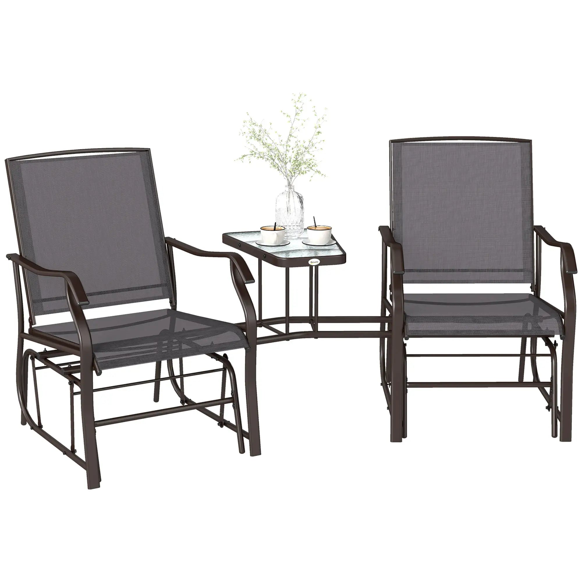 Double Patio Glider Chair with Glass Table, Grey Outdoor Gliders Brown, Grey at Gallery Canada