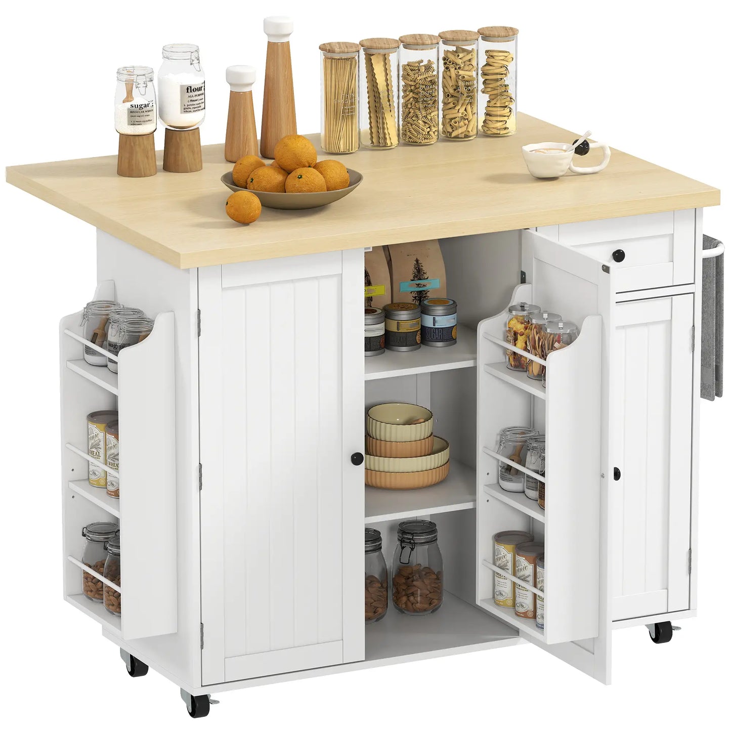 Kitchen Island Cart, Rolling Table with Drop Leaf, Drawer, Spice Rack, White Kitchen Islands & Kitchen Carts at Gallery Canada
