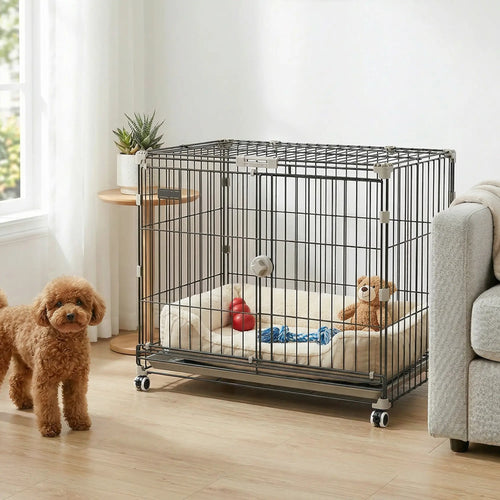 30 Inch Foldable Dog Crate, Metal Cage with Tray & Wheels, Black