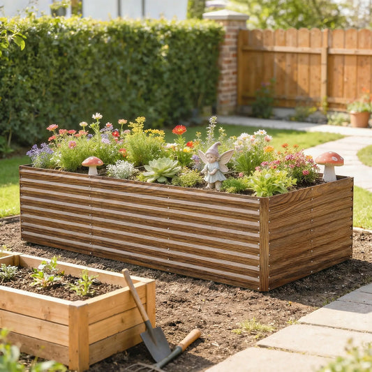8' x 4' x 2' Raised Garden Bed, Galvanized Planter Box, Dark Brown Wood Effect, Dark Brown